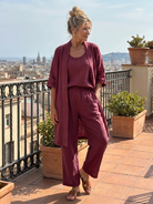Melba Lane – Telluride burgundy duster pant set, walking view on a terrace, AU women's sizes