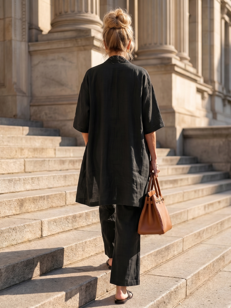Melba Lane – Telluride black three-piece duster pant set, full back view, AU women's sizes