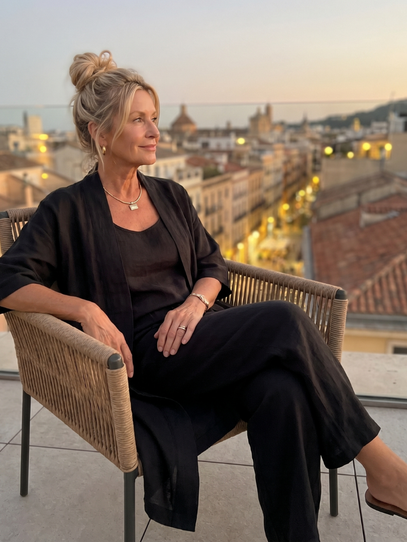 Melba Lane – Telluride black duster pant set worn seated at dusk, soft drape, AU women's sizes