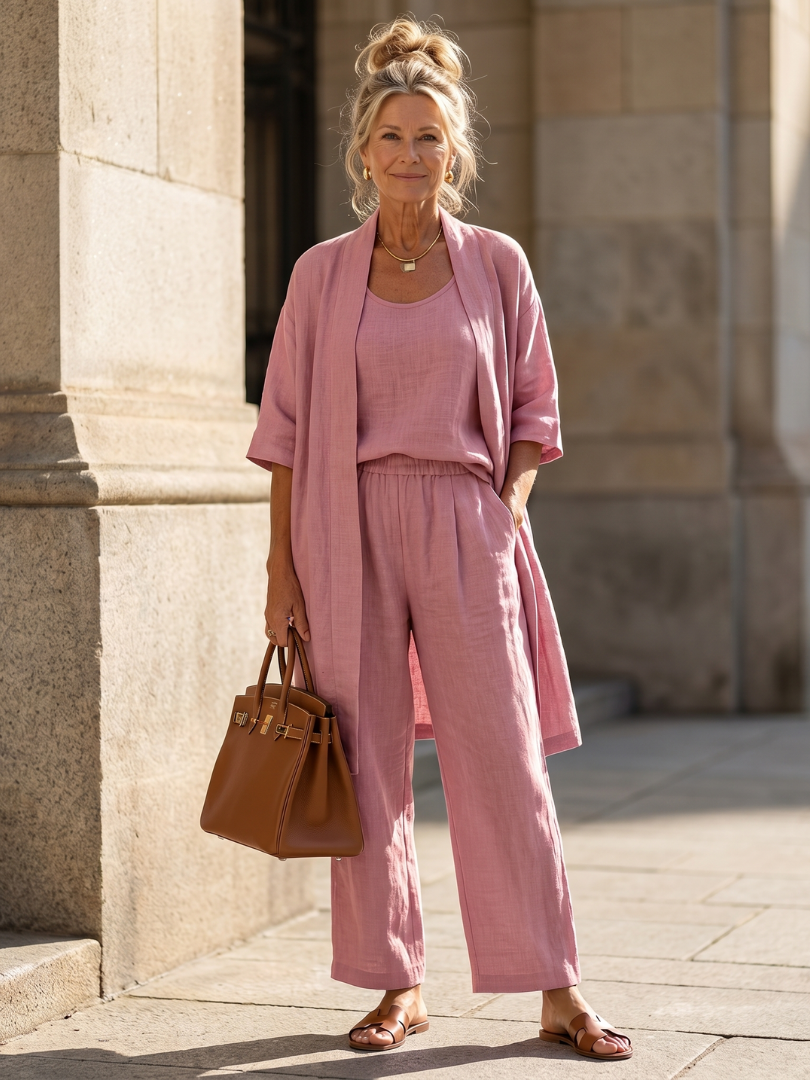 Melba Lane – Telluride pink three-piece duster pant set, full front view worn, AU women's sizes