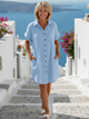 Melba Lane – Lyme sky blue gauze shirt dress, full length front view on steps, AU women's sizes