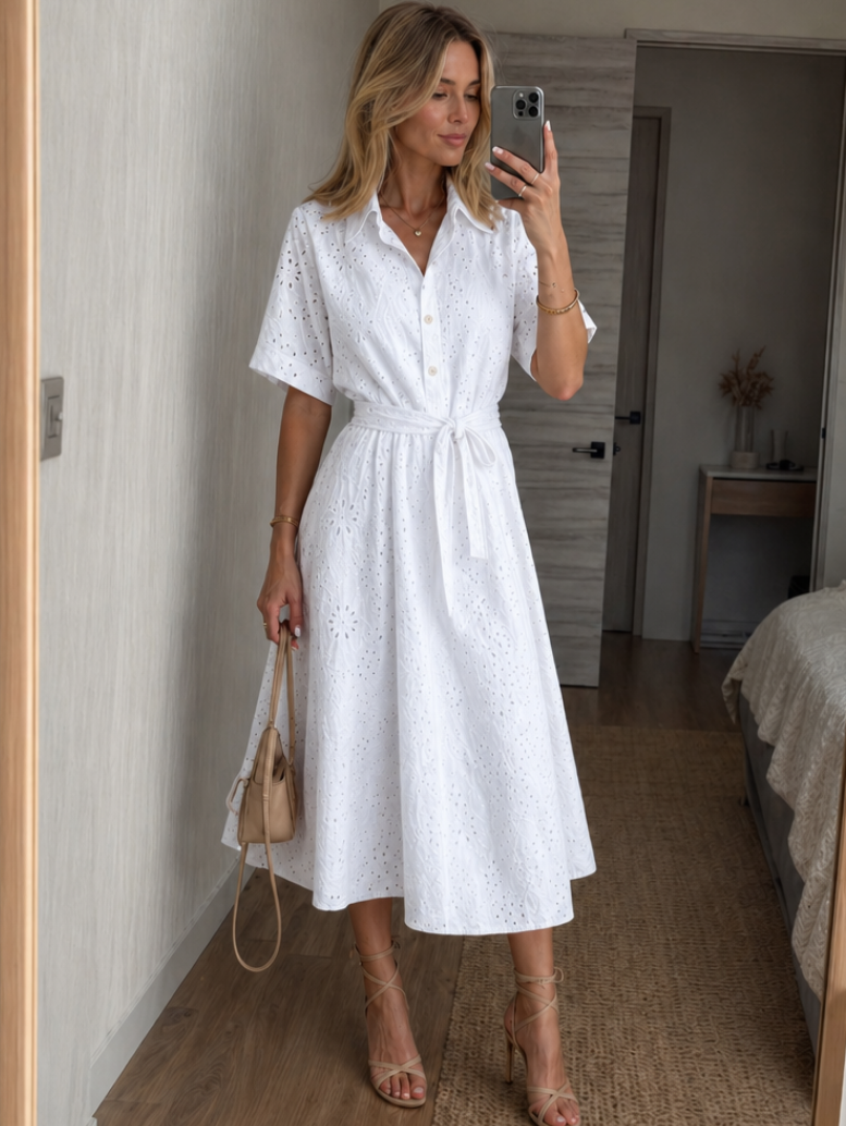 Melba Lane – Charmouth white eyelet button-front midi shirt dress, full front view, AU women's sizes