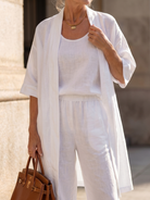 Melba Lane – Telluride white tank and open duster layered, worn torso close-up, AU women's sizes
