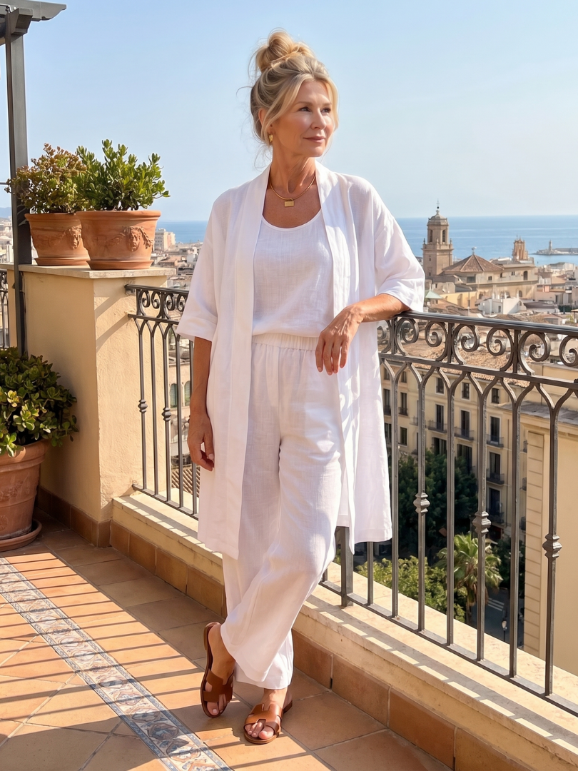 Melba Lane – Telluride white duster pant set, walking view on a terrace, AU women's sizes