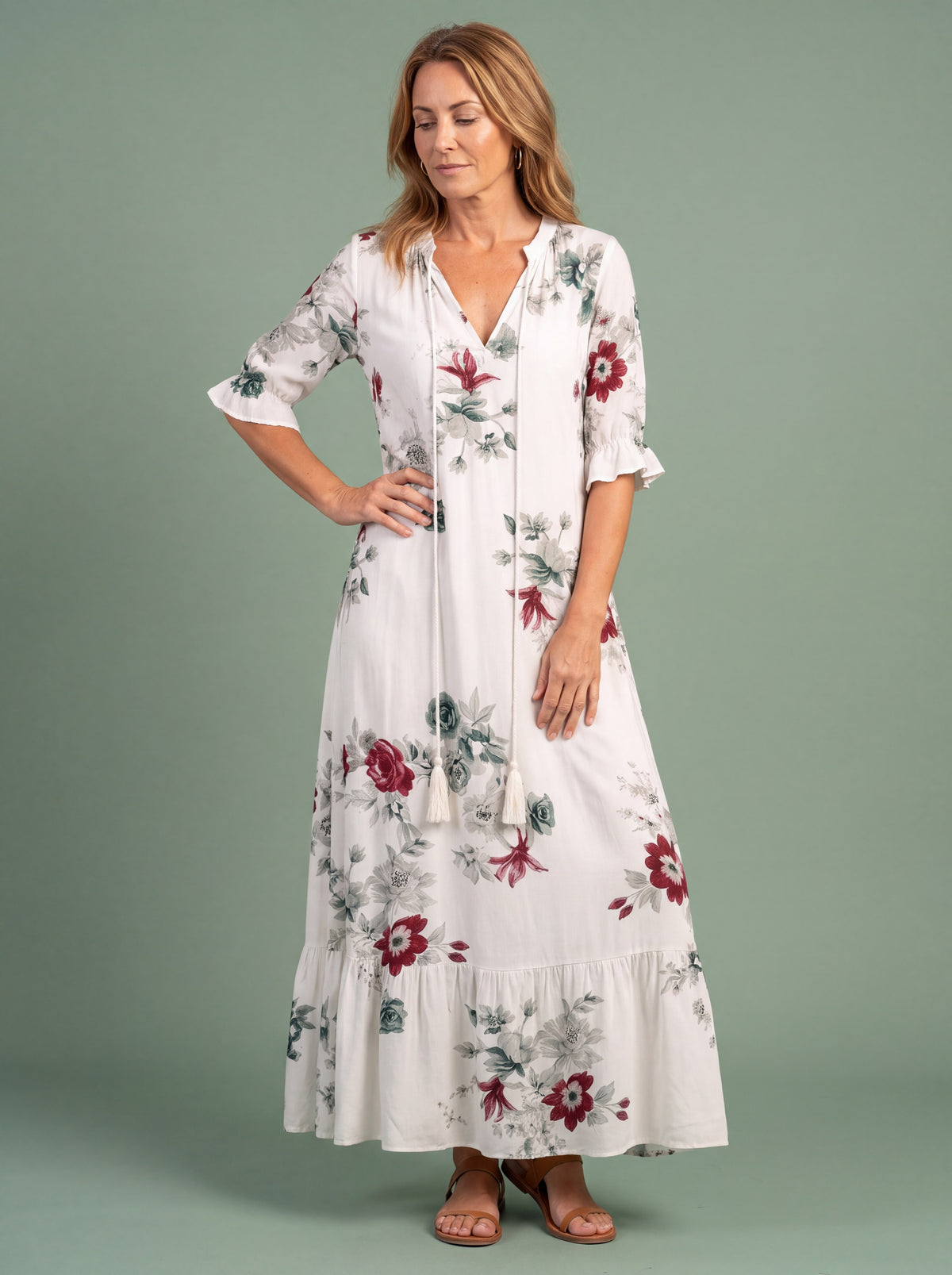 Melba Lane - floral tiered print maxi dress with tassel tie, full length, AU women's sizes