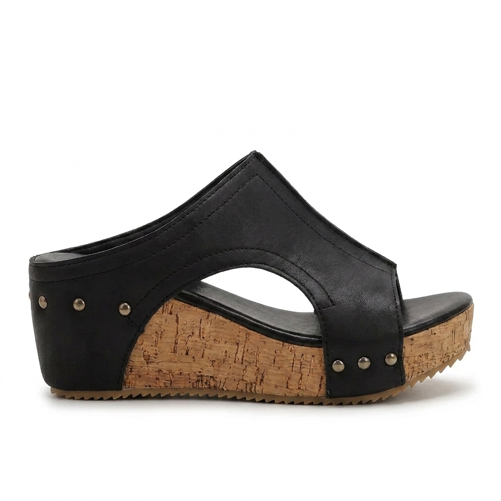 Melba Lane – black cork wedge slide sandals vamp and stud detail, AU women's sizes