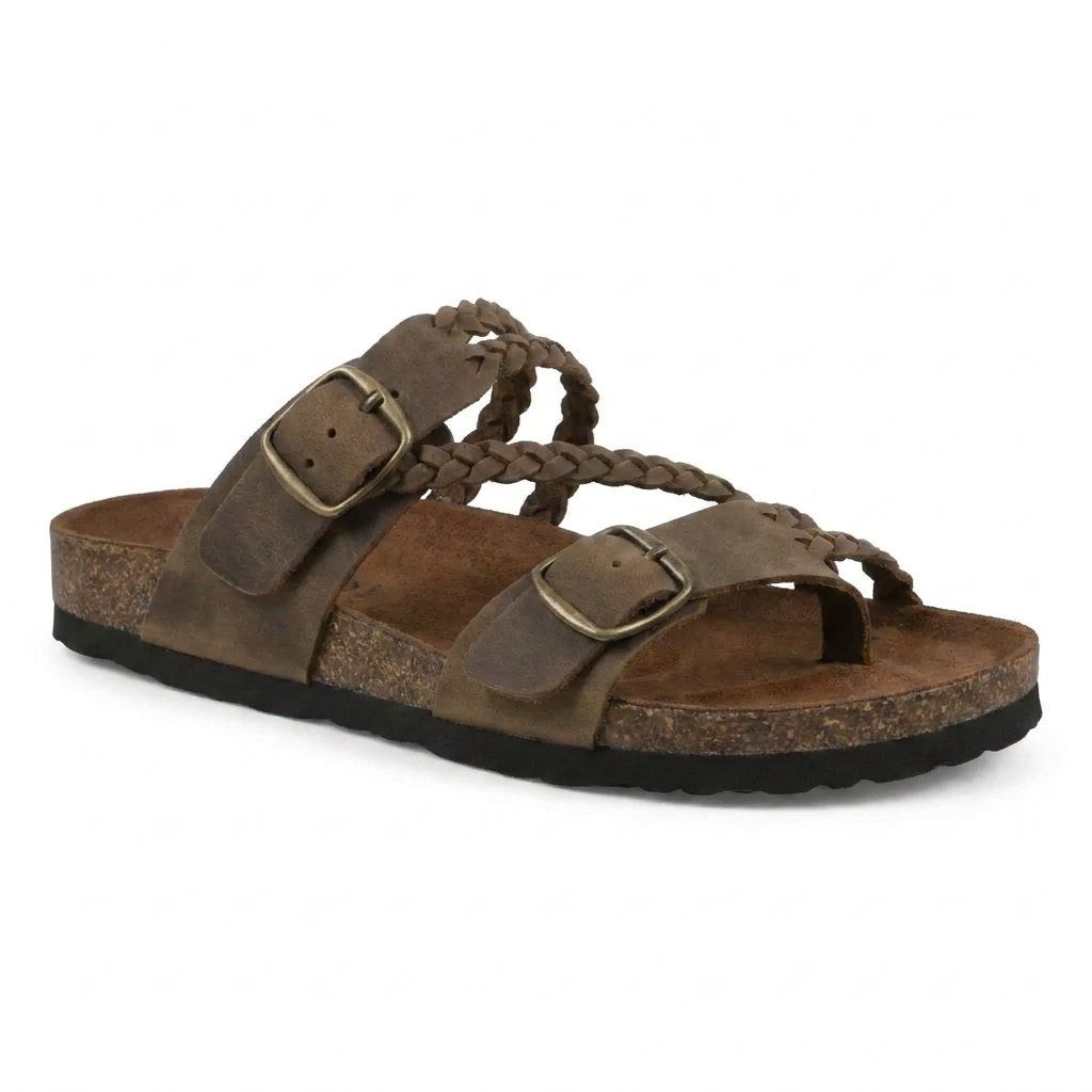 Melba Lane – brown braided suede cork footbed sandals angled view, AU women's sizes