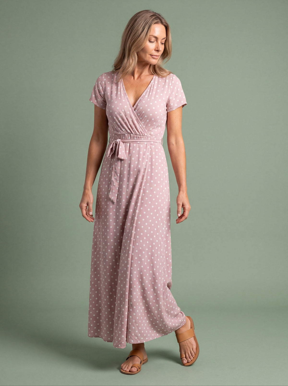 Melba Lane - pink polka dot wrap maxi dress with a tie waist, full length, AU women's sizes