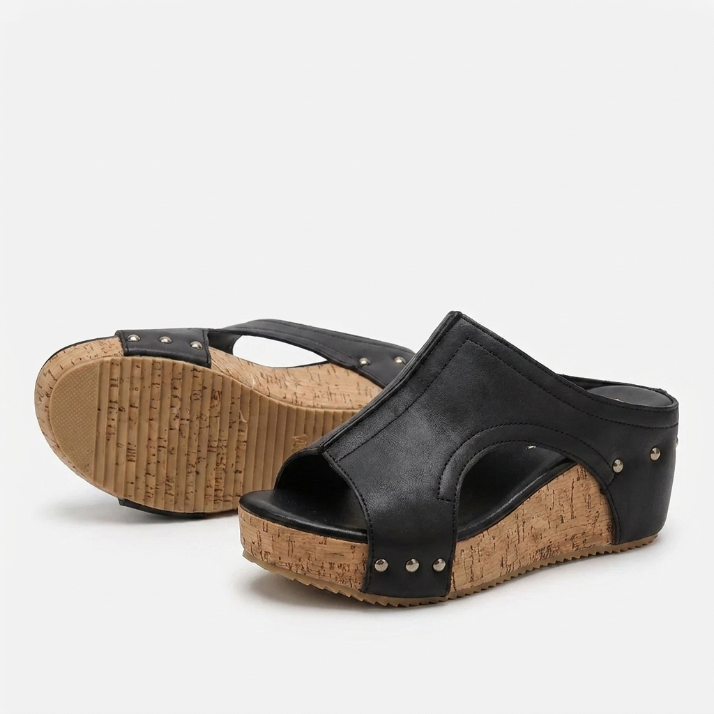Melba Lane – black cork wedge sandals cutout and platform toe view, AU women's sizes