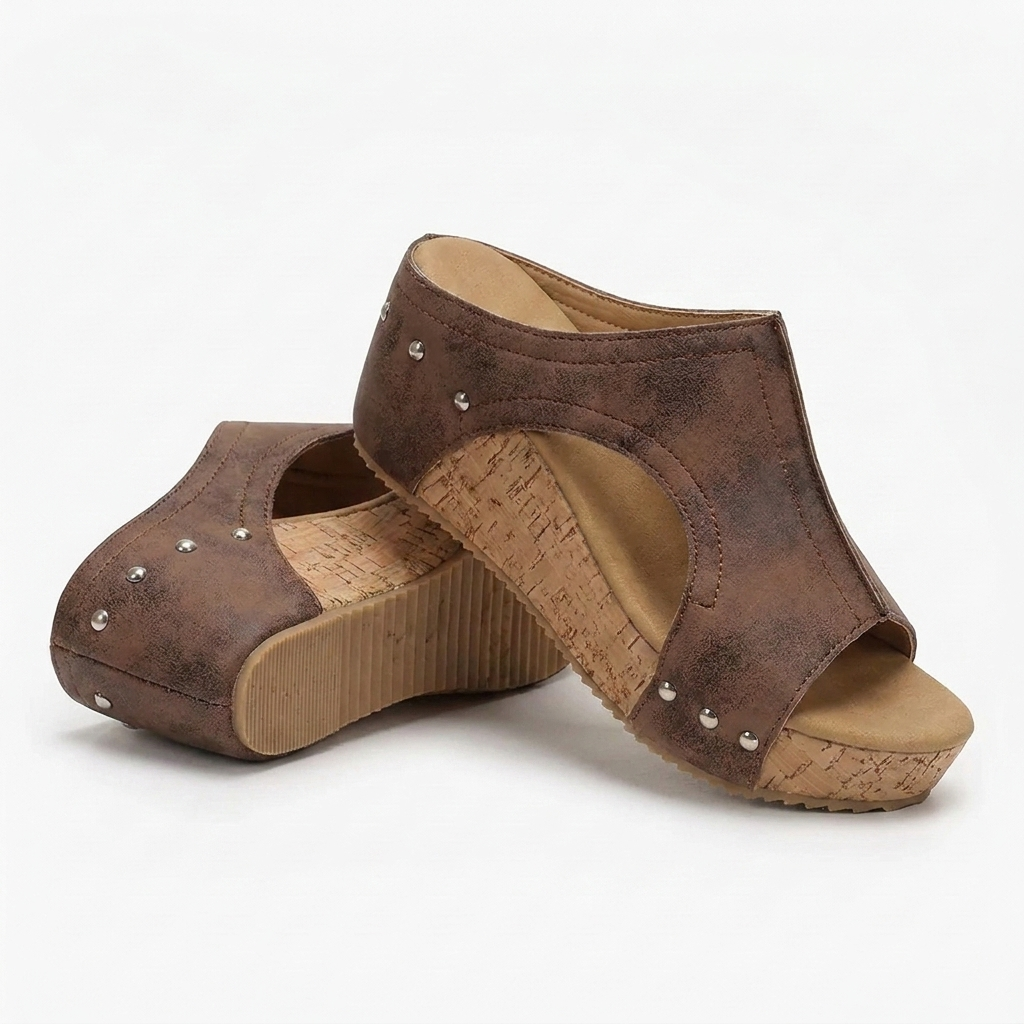 Melba Lane – brown studded cork wedge slide sandals angled pair, AU women's sizes