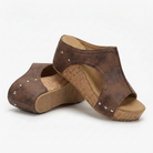 Melba Lane – brown studded cork wedge slide sandals angled pair, AU women's sizes
