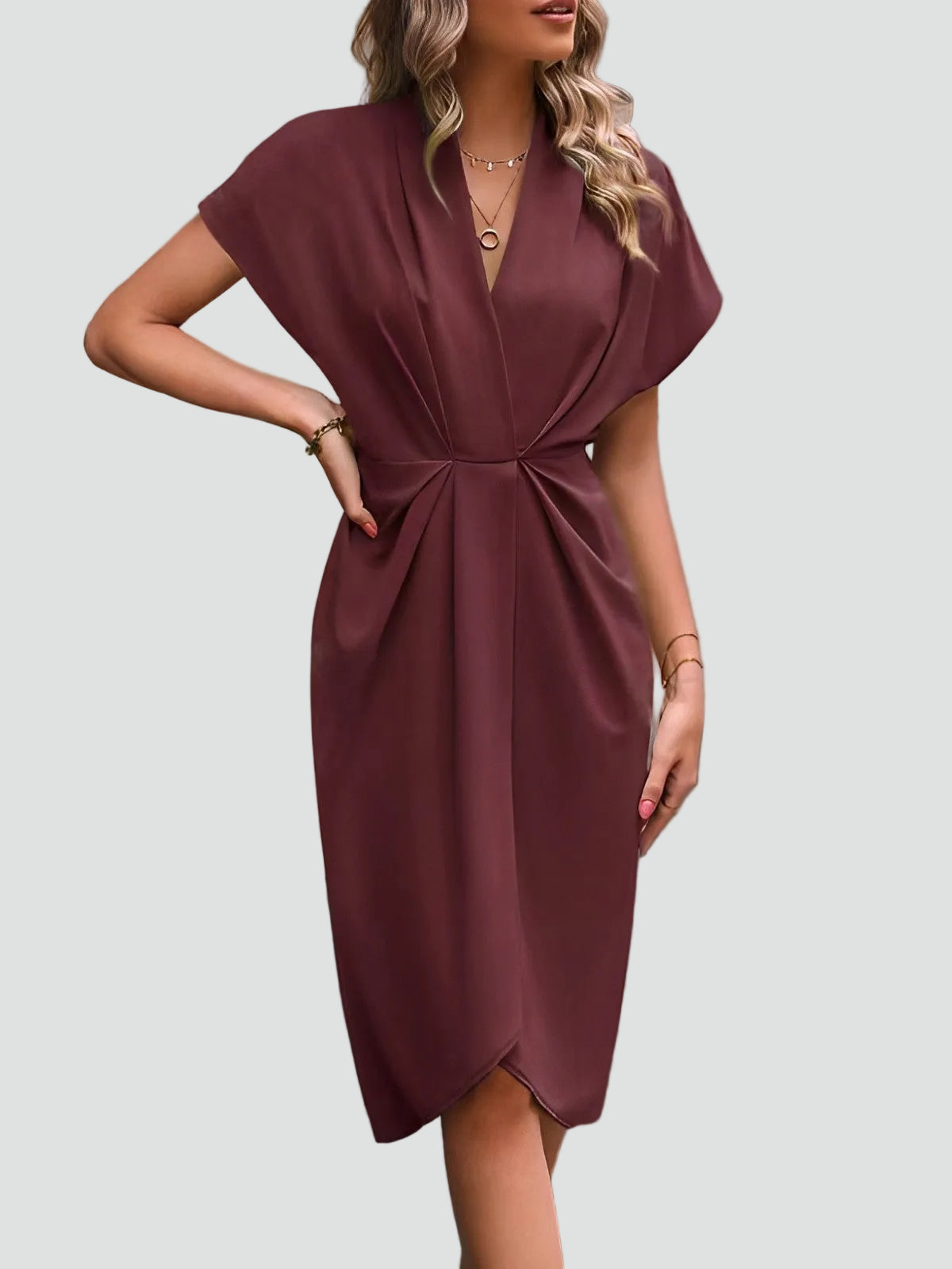 Melba Lane – rust wrap midi dress styled with a clutch bag, AU women's sizes