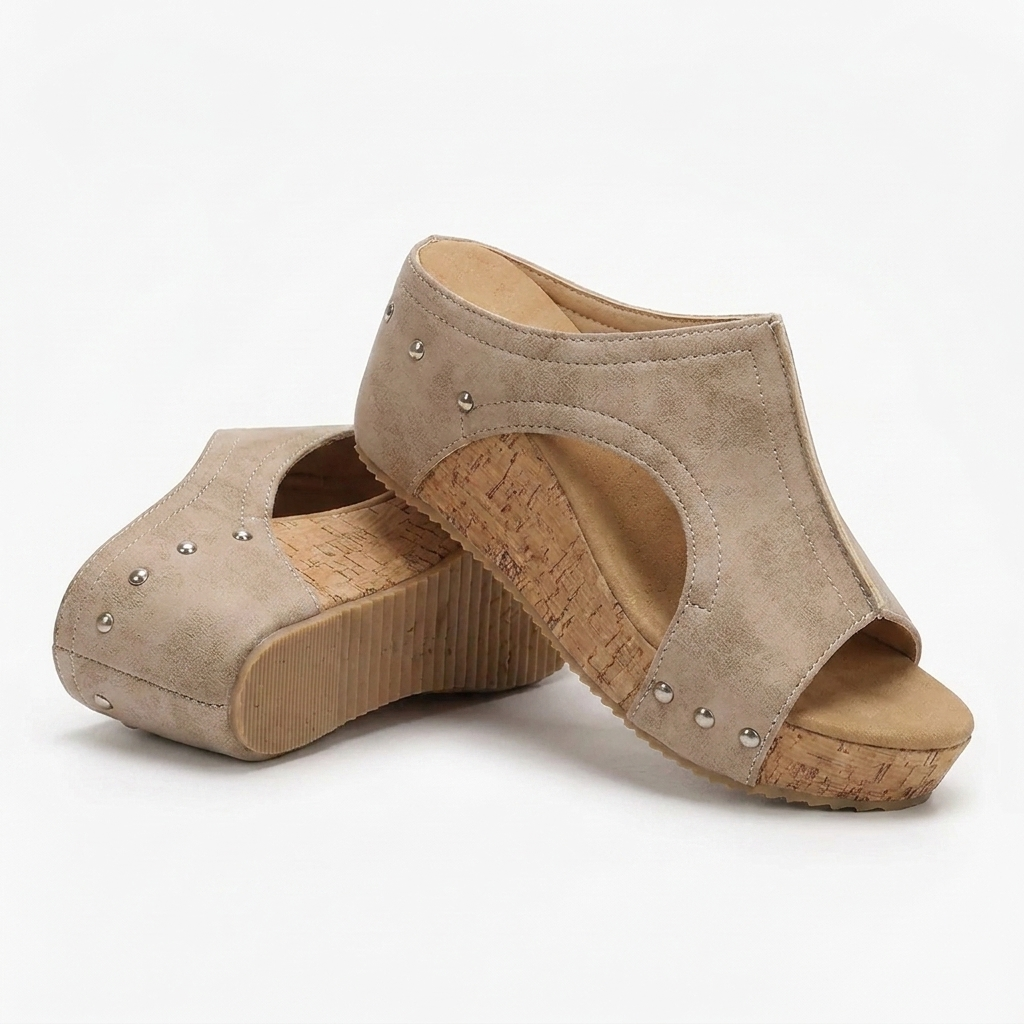 Melba Lane – beige studded cork wedge slide sandals angled pair, AU women's sizes