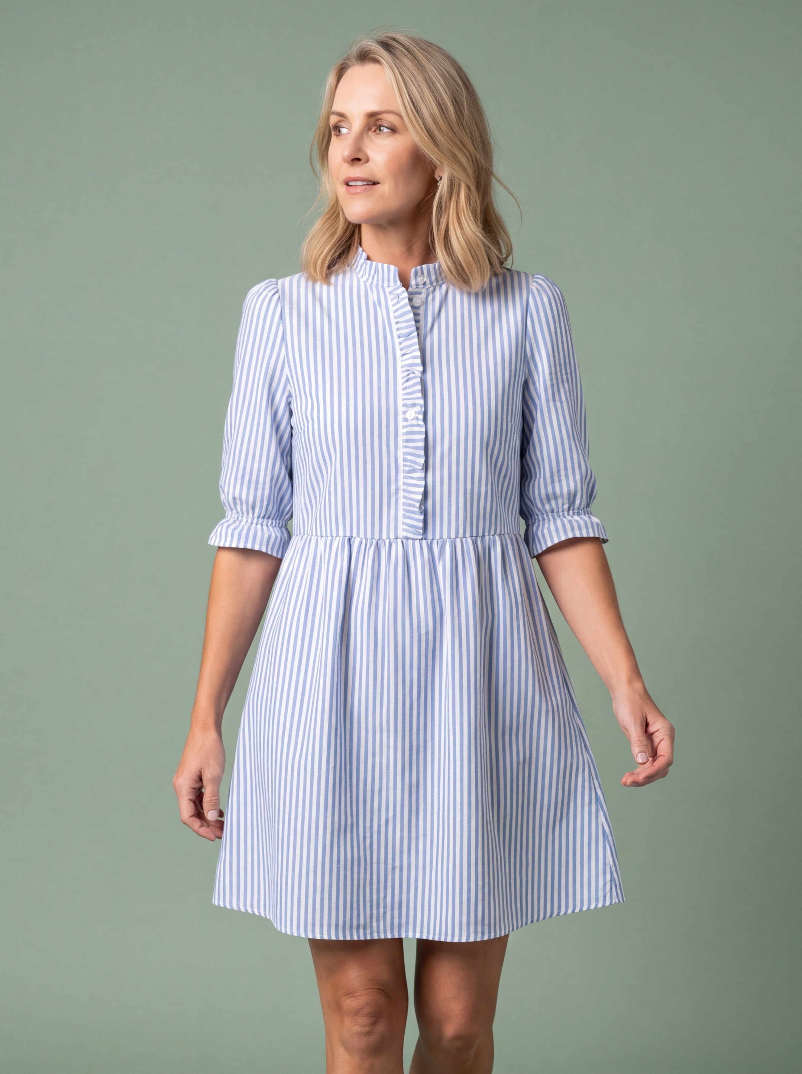 Melba Lane - blue striped A-line shirt dress with buttons, full length, AU women's sizes