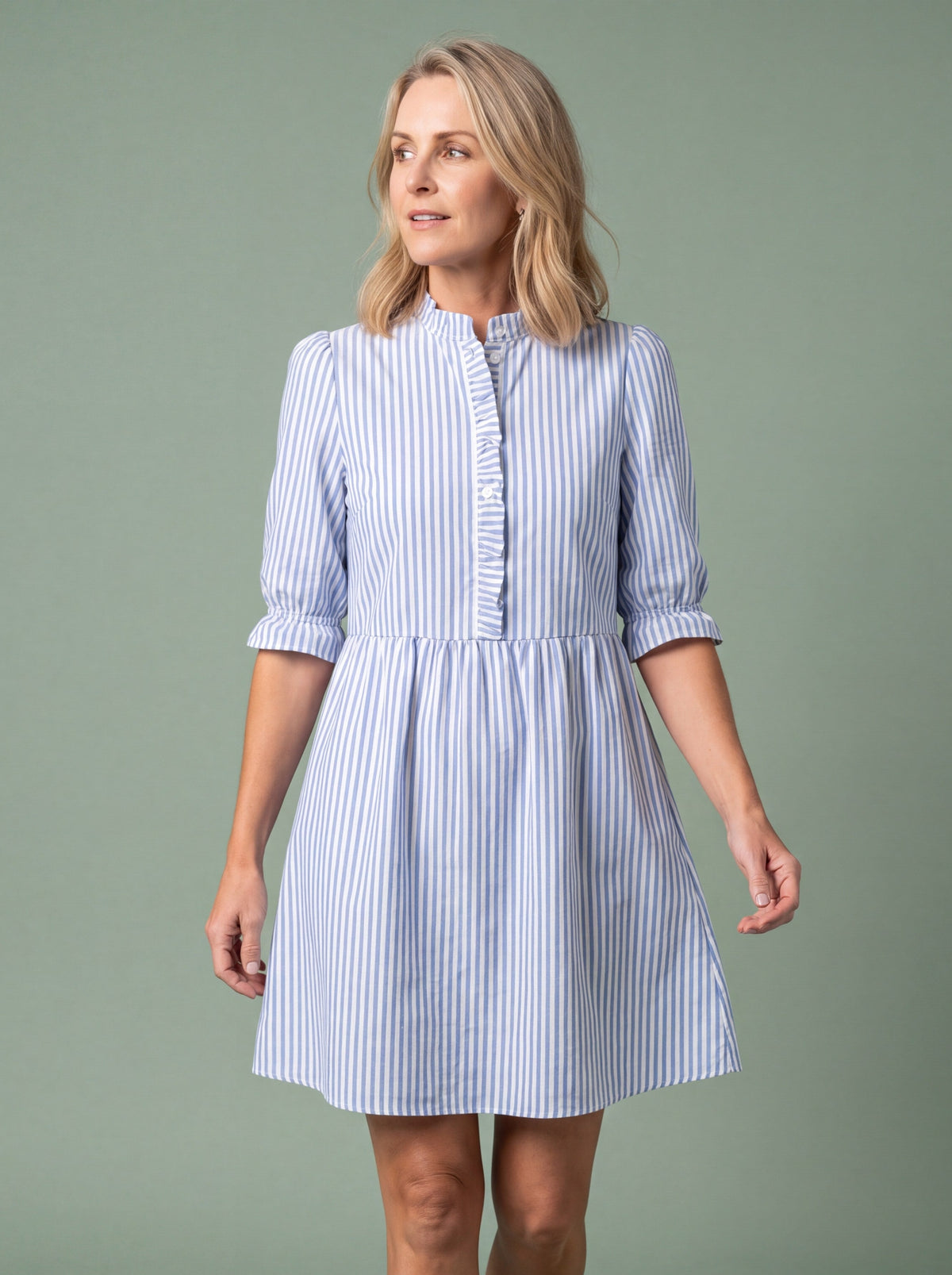Melba Lane - blue striped A-line shirt dress with buttons, full length, AU women's sizes