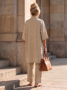 Melba Lane – Telluride beige three-piece duster pant set, full back view, AU women's sizes