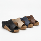 Melba Lane – cork wedge slide sandals in all four colourways lined up, AU women's sizes