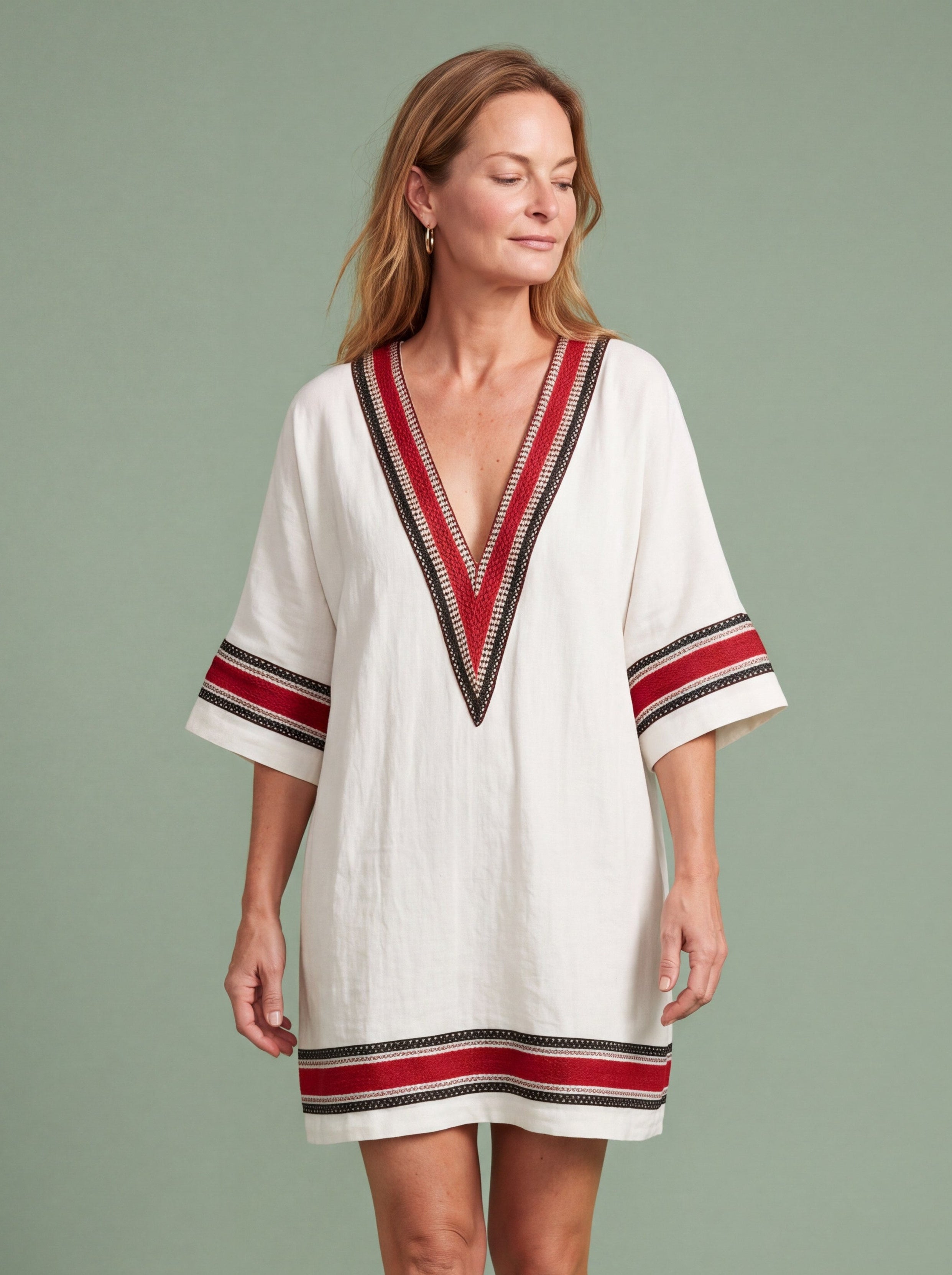 Melba Lane - white woven tunic beach dress with embroidered trim, full length, AU women's sizes