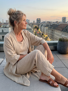 Melba Lane – Telluride beige duster pant set worn seated outdoors, fabric drape, AU women's sizes