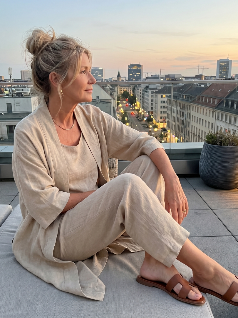 Melba Lane – Telluride beige duster pant set worn seated outdoors, fabric drape, AU women's sizes