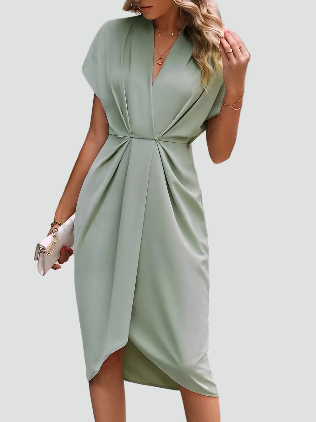 Melba Lane – sage green wrap midi dress, full front view on model, AU women's sizes