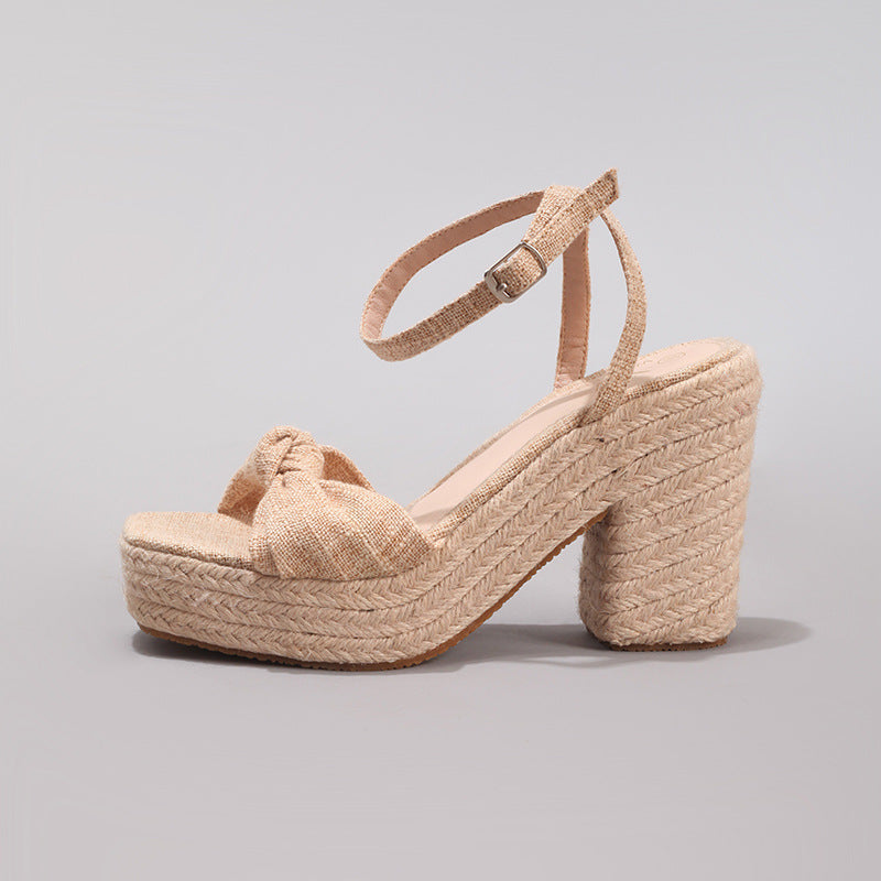 Melba Lane – Tan bow wedge sandals, side profile with braided jute platform, AU women's sizes