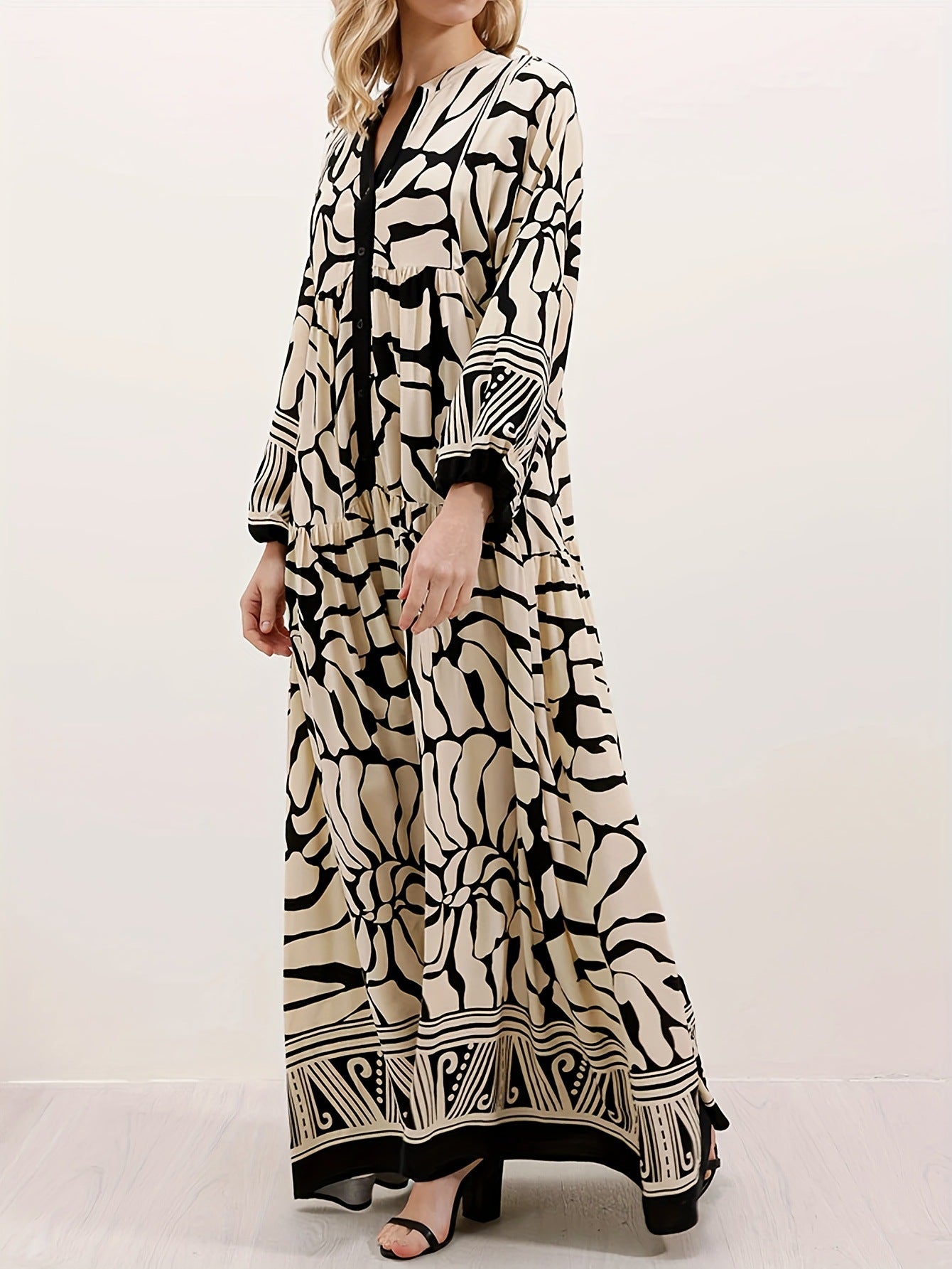 Melba Lane – cream and black print maxi dress full front view on model, AU women's sizes