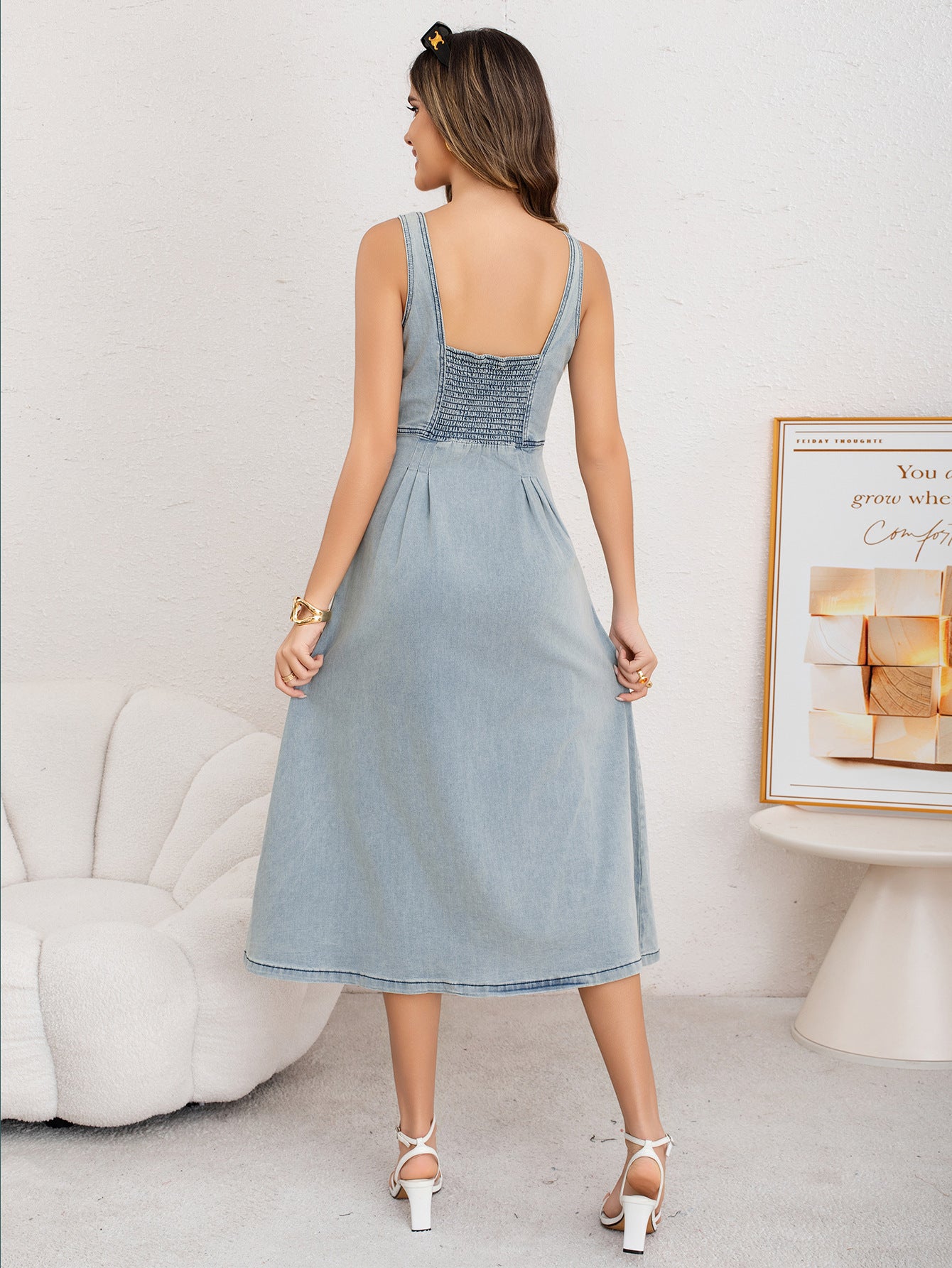 Melba Lane – blue button-front denim midi dress, side view, AU women's sizes