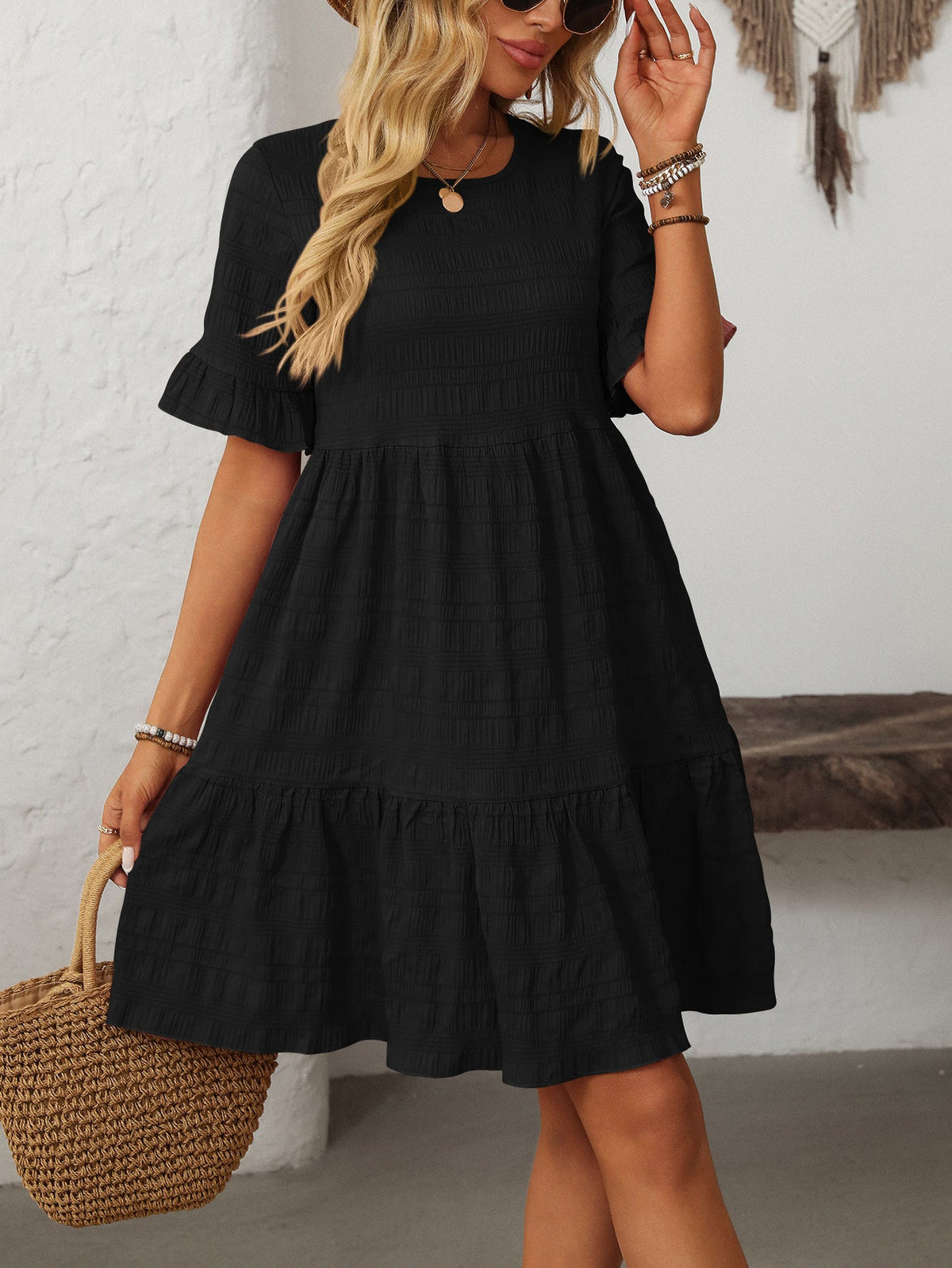 Melba Lane – Studland black textured tiered short-sleeve dress, front view close on the flounce sleeve, AU women's sizes