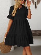 Melba Lane – Studland black textured tiered short-sleeve dress, front view close on the flounce sleeve, AU women's sizes