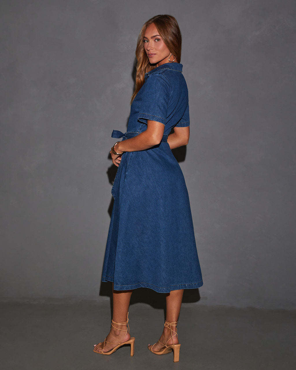Melba Lane – blue belted denim midi shirt dress, styled view, AU women's sizes