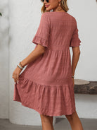 Melba Lane – Studland dusty rose textured tiered short-sleeve dress, cropped view of the tiered skirt and ruffle cuff, AU women's sizes