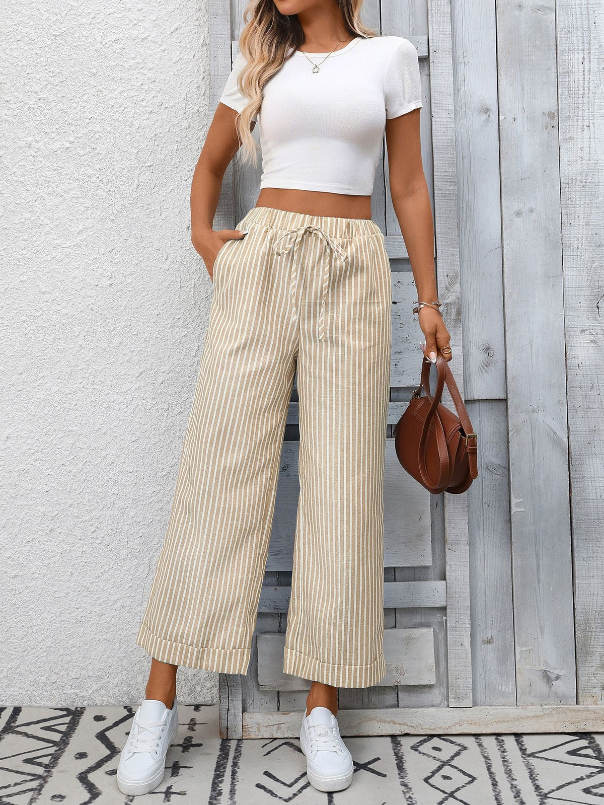 Melba Lane – Devizes sand beige striped cropped wide-leg pants, front view standing against a white wall, AU women's sizes
