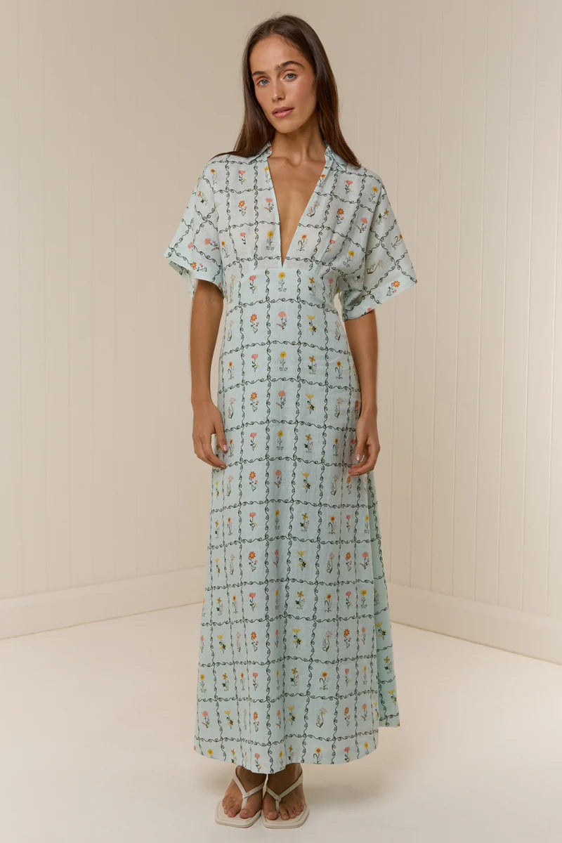 Melba Lane – linen floral collared maxi dress, close-up view, AU women's sizes