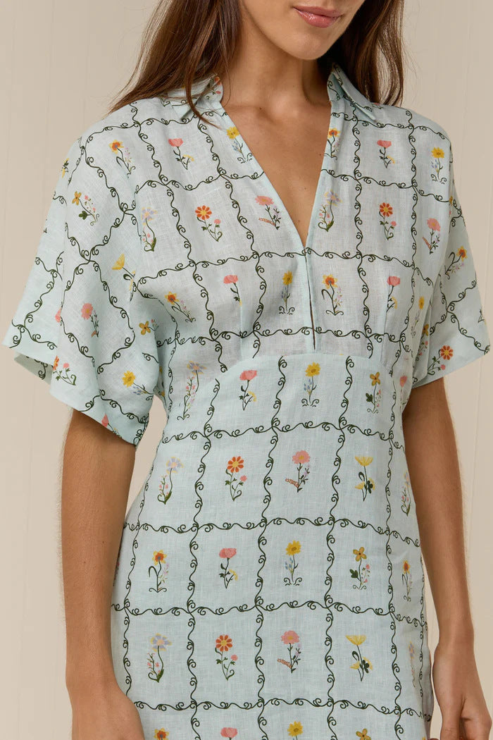Melba Lane – linen floral collared maxi dress, full length view, AU women's sizes