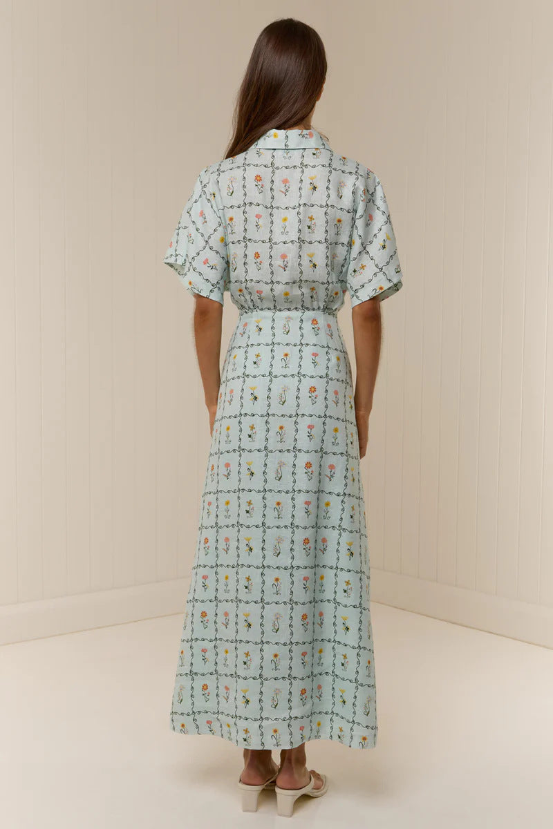 Melba Lane – linen floral collared maxi dress, worn view, AU women's sizes