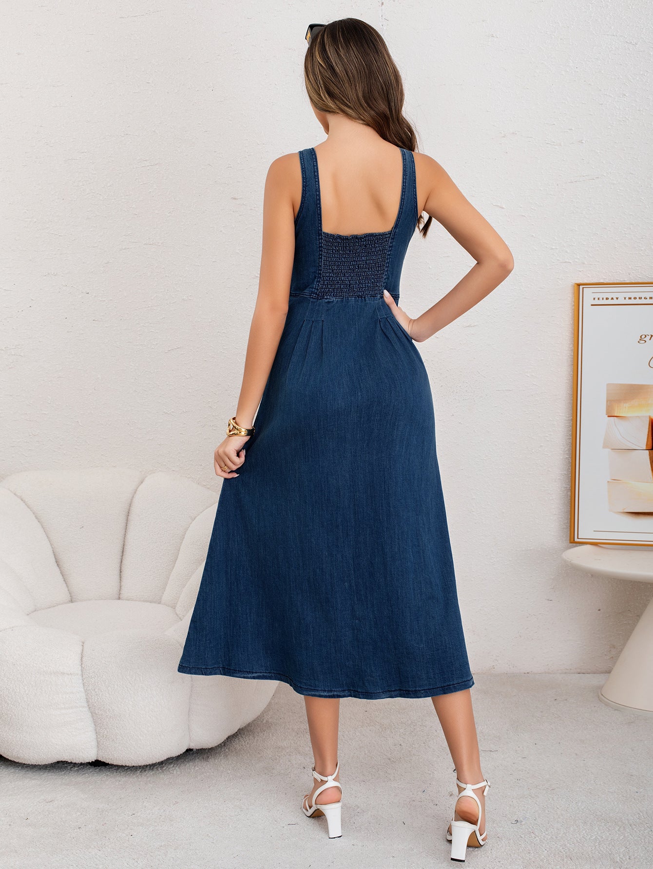 Melba Lane – blue button-front denim midi dress, close-up view, AU women's sizes