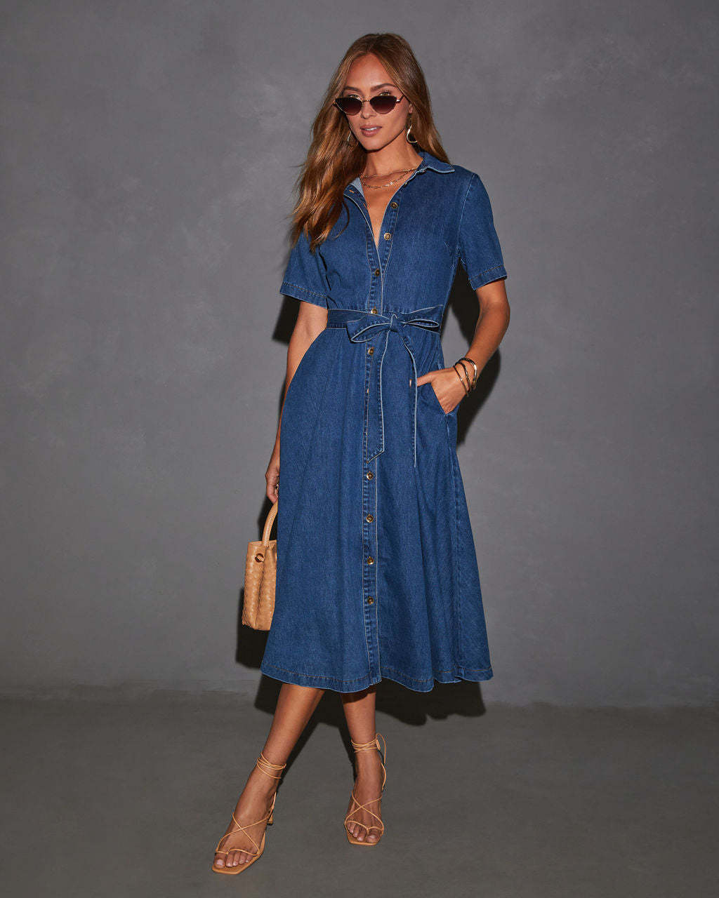 Melba Lane – blue belted denim midi shirt dress, front view, AU women's sizes