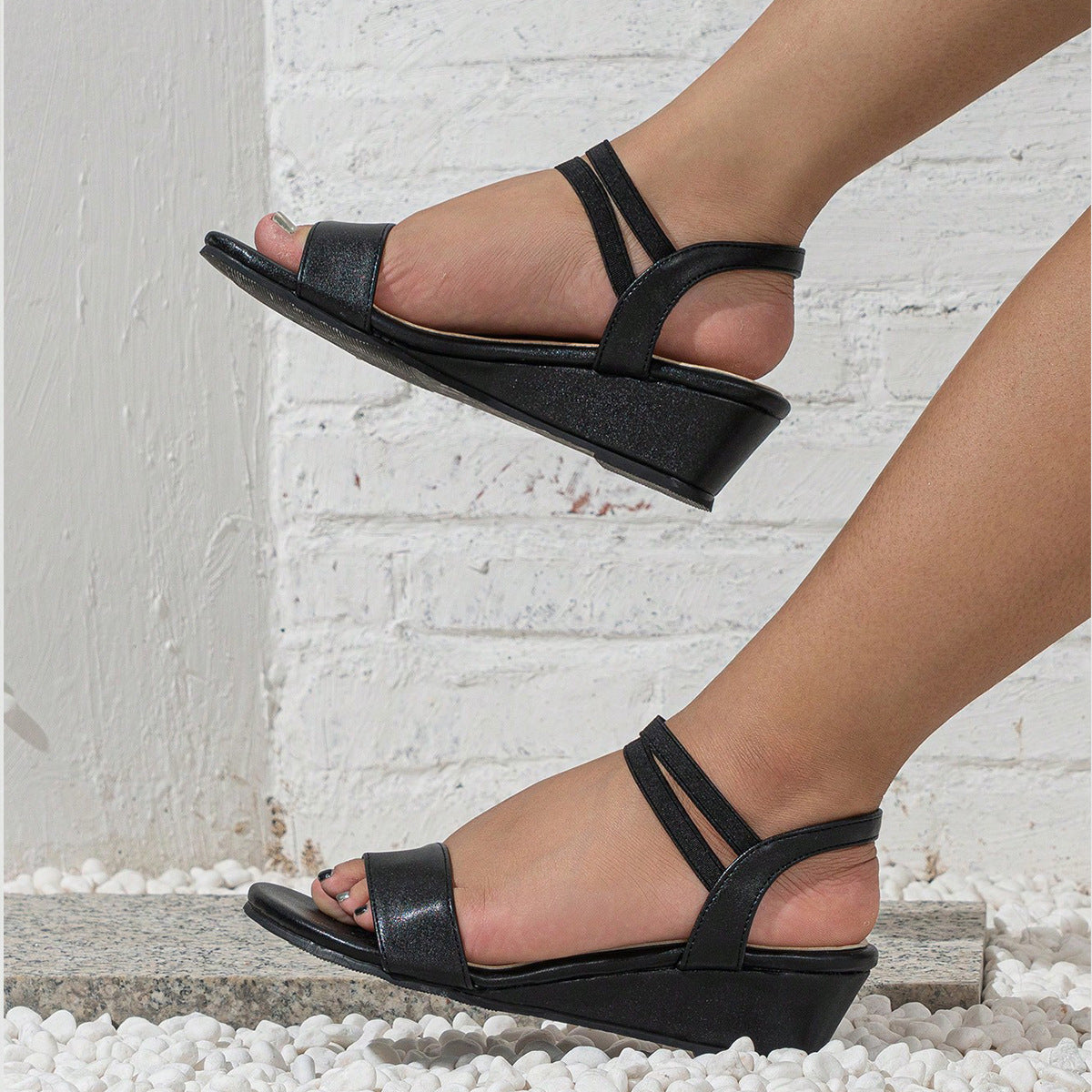 Melba Lane – double strap low wedge sandals, styled view, AU women's sizes