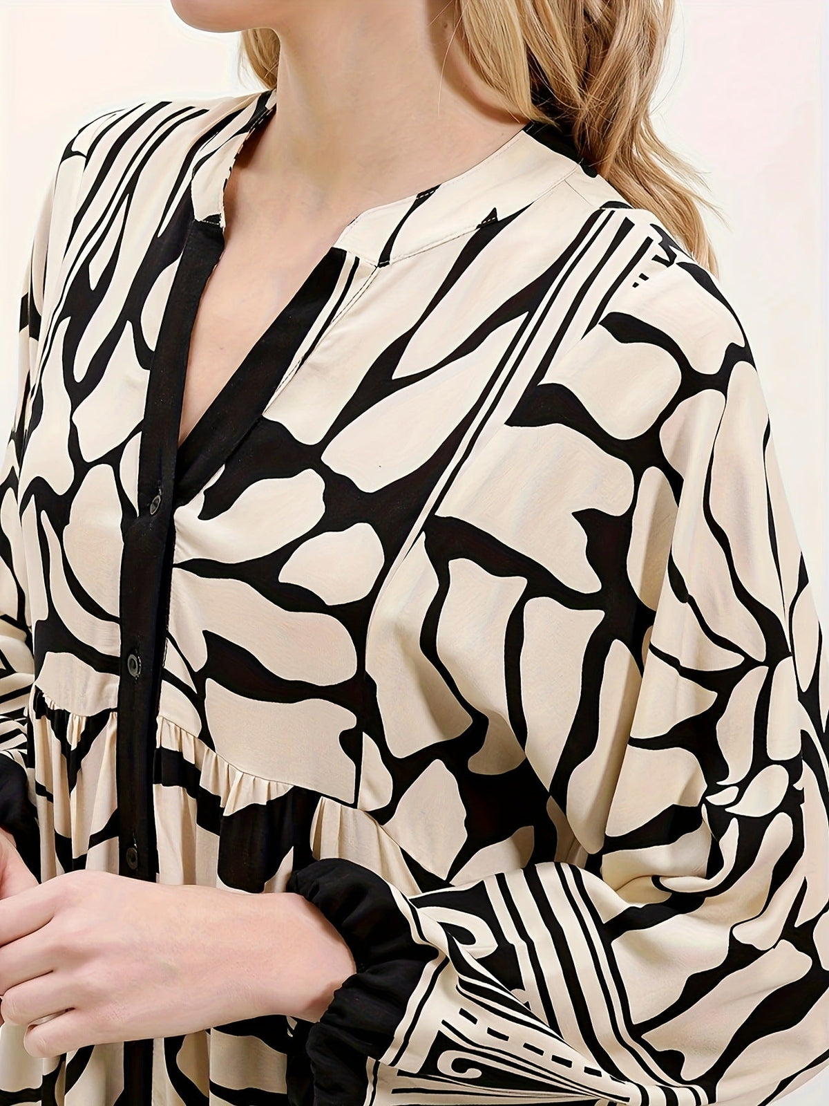 Melba Lane – cream and black print maxi dress V-neck placket and cuff, AU women's sizes
