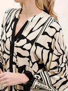 Melba Lane – cream and black print maxi dress V-neck placket and cuff, AU women's sizes