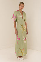 Melba Lane – linen floral collared maxi dress, back view, AU women's sizes