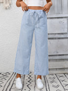 Melba Lane – Devizes light blue striped cropped wide-leg pants, front view with hands at the waistband, AU women's sizes