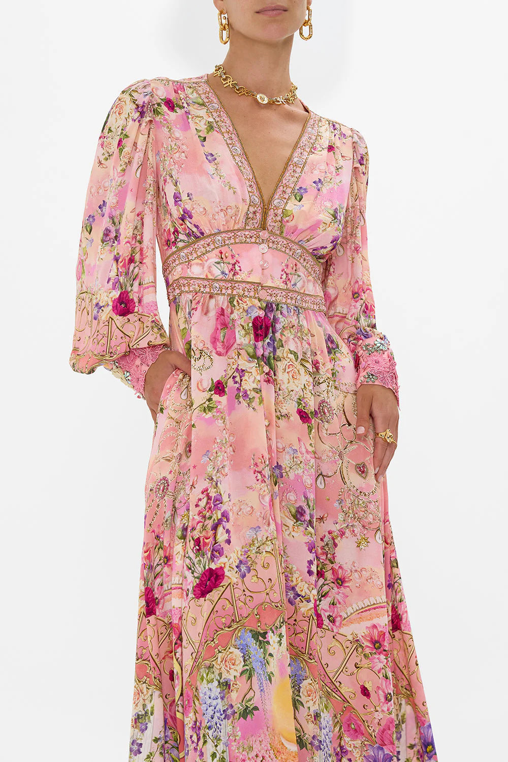 Melba Lane – floral chiffon puff sleeve maxi dress, detail view, AU women's sizes