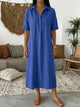 Melba Lane – Nerano royal blue collared linen shirt midi dress, full-length front view in a boho living room, AU women's sizes