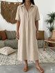 Melba Lane – Nerano oatmeal beige collared linen shirt midi dress, full-length front view in a boho living room, AU women's sizes