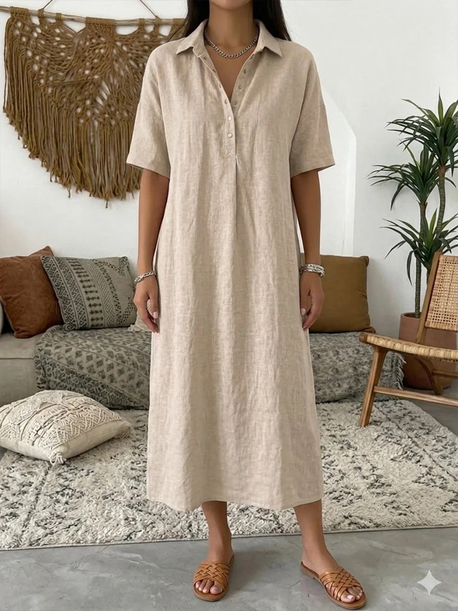 Melba Lane – Nerano oatmeal beige collared linen shirt midi dress, full-length front view in a boho living room, AU women's sizes