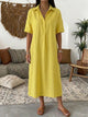 Melba Lane – Nerano yellow collared linen shirt midi dress, full-length front view in a boho living room, AU women's sizes
