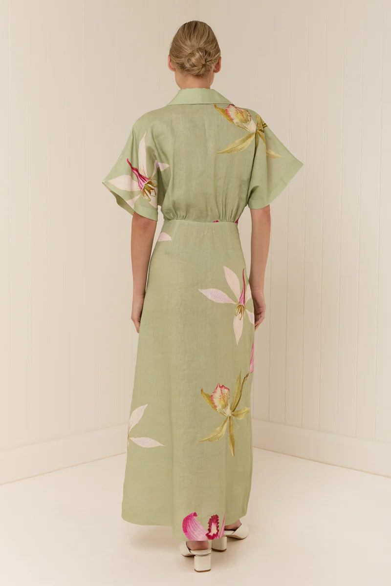 Melba Lane – linen floral collared maxi dress, styled view, AU women's sizes