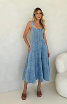 Melba Lane – blue square neck denim maxi dress, detail view, AU women's sizes